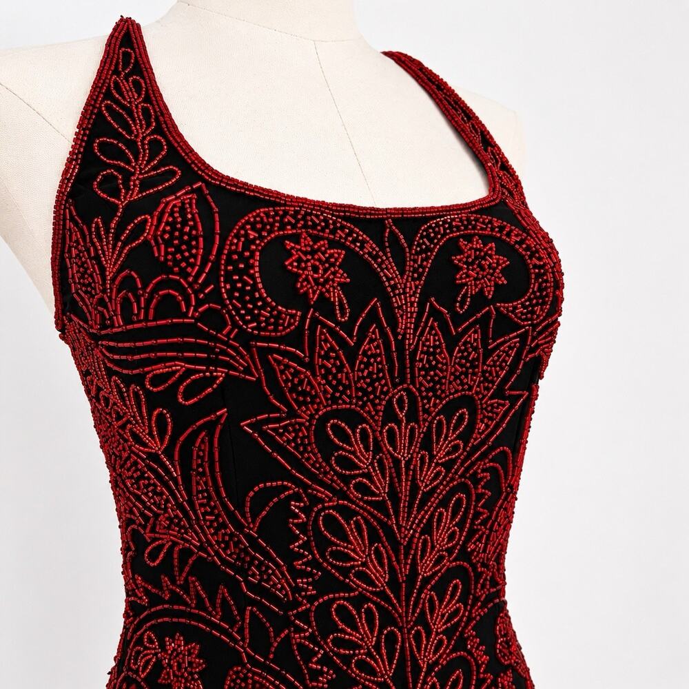 XS Cache Silk Black Red Beaded Dress Vamp Y2K Dramatic Goth Witchy Glam Luxe 90s